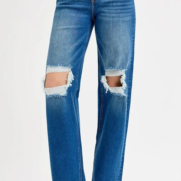 RISEN Full Size Mid Waist Fit Boyfriend Knee Distressed Jeans Plus Size - Picture 3 of 6